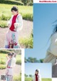 A collage of photos of a woman in a white jacket and skirt.